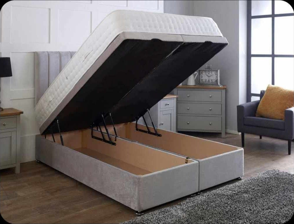 Storage bed with tall headboard