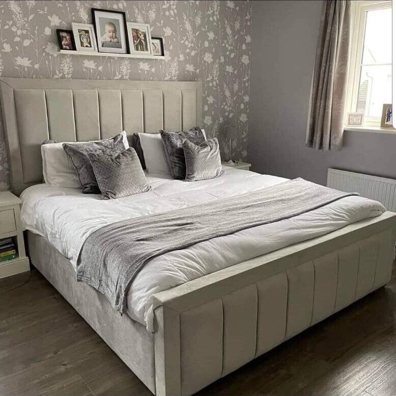 Cream velvet Bumper Panel Bed in a king size bedroom with silver cushions