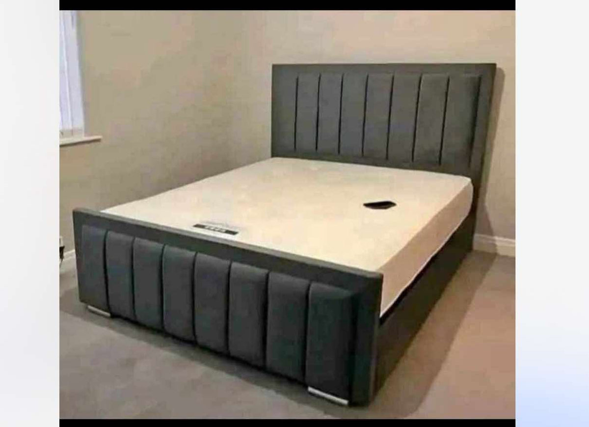 Charcoal velvet Bumper Panel Bed with channel-stitched footboard and chrome feet