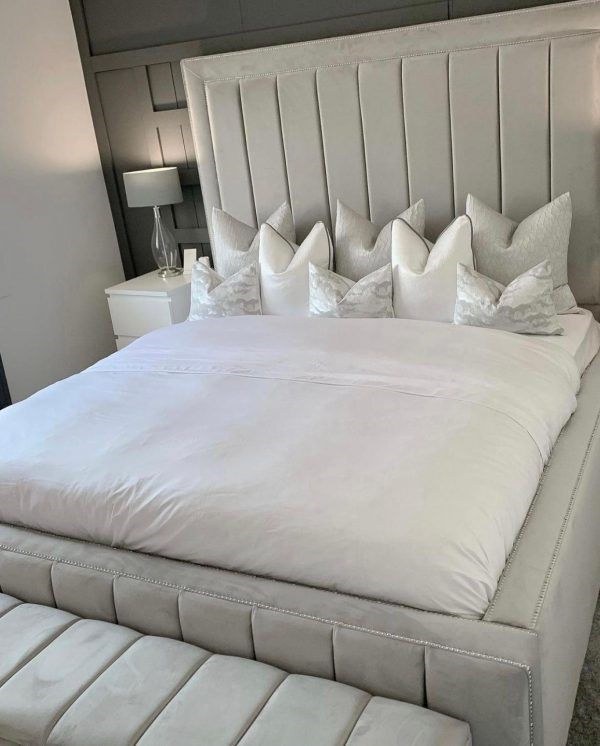 Light grey velvet Bumper Panel Bed with matching ottoman blanket box