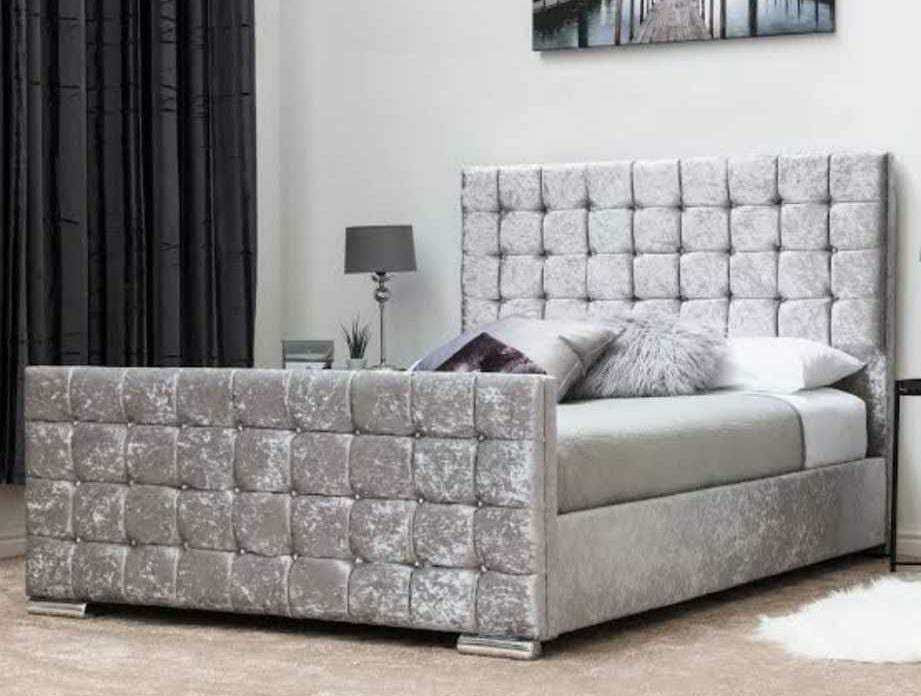 Silver crushed velvet Cube Bed with cube-panel headboard