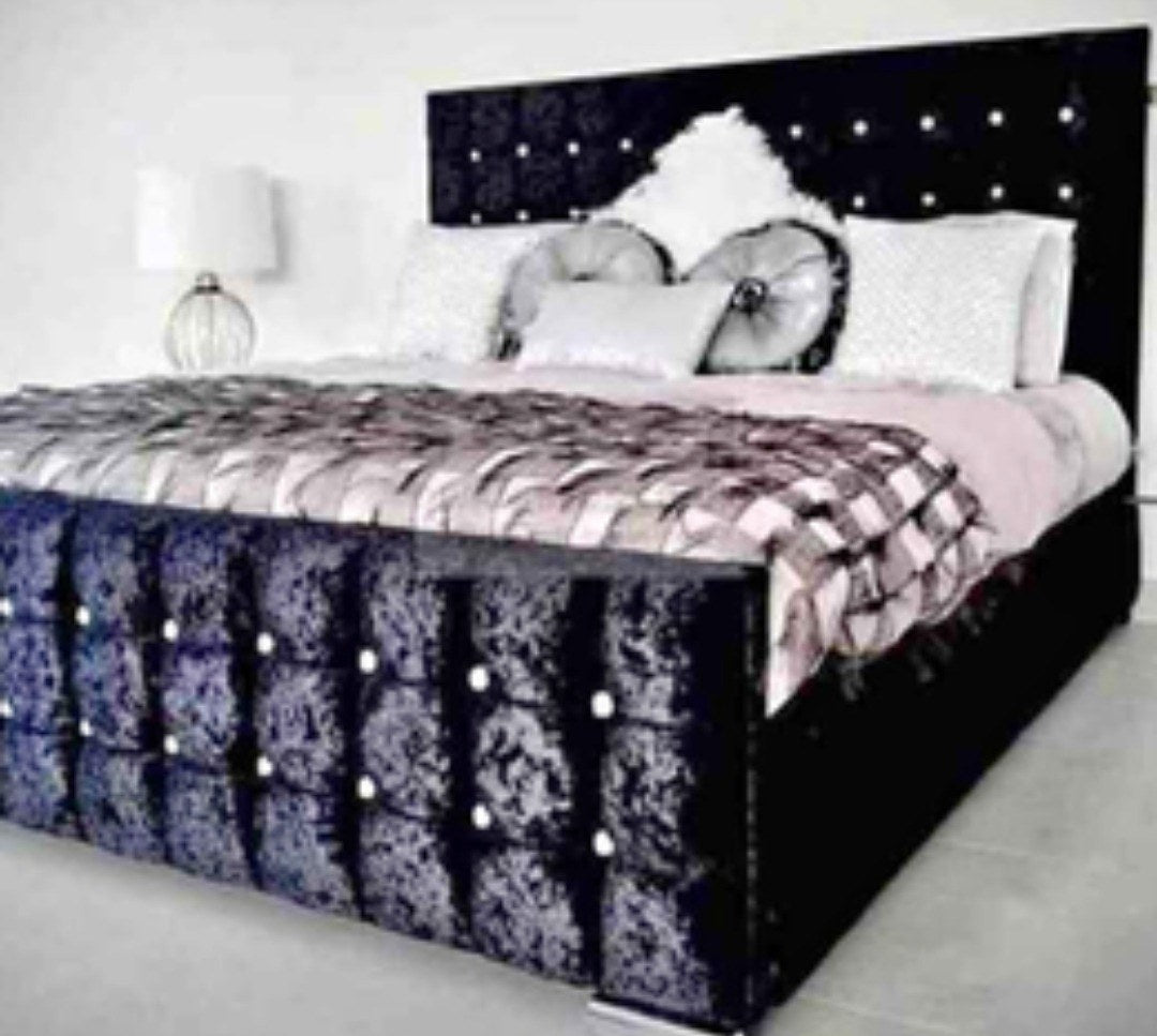 Black crushed velvet Cube Bed with diamante buttons