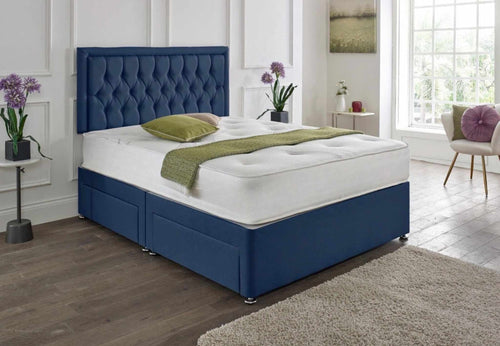 Navy blue Divan Bed with chesterfield headboard and two storage drawers
