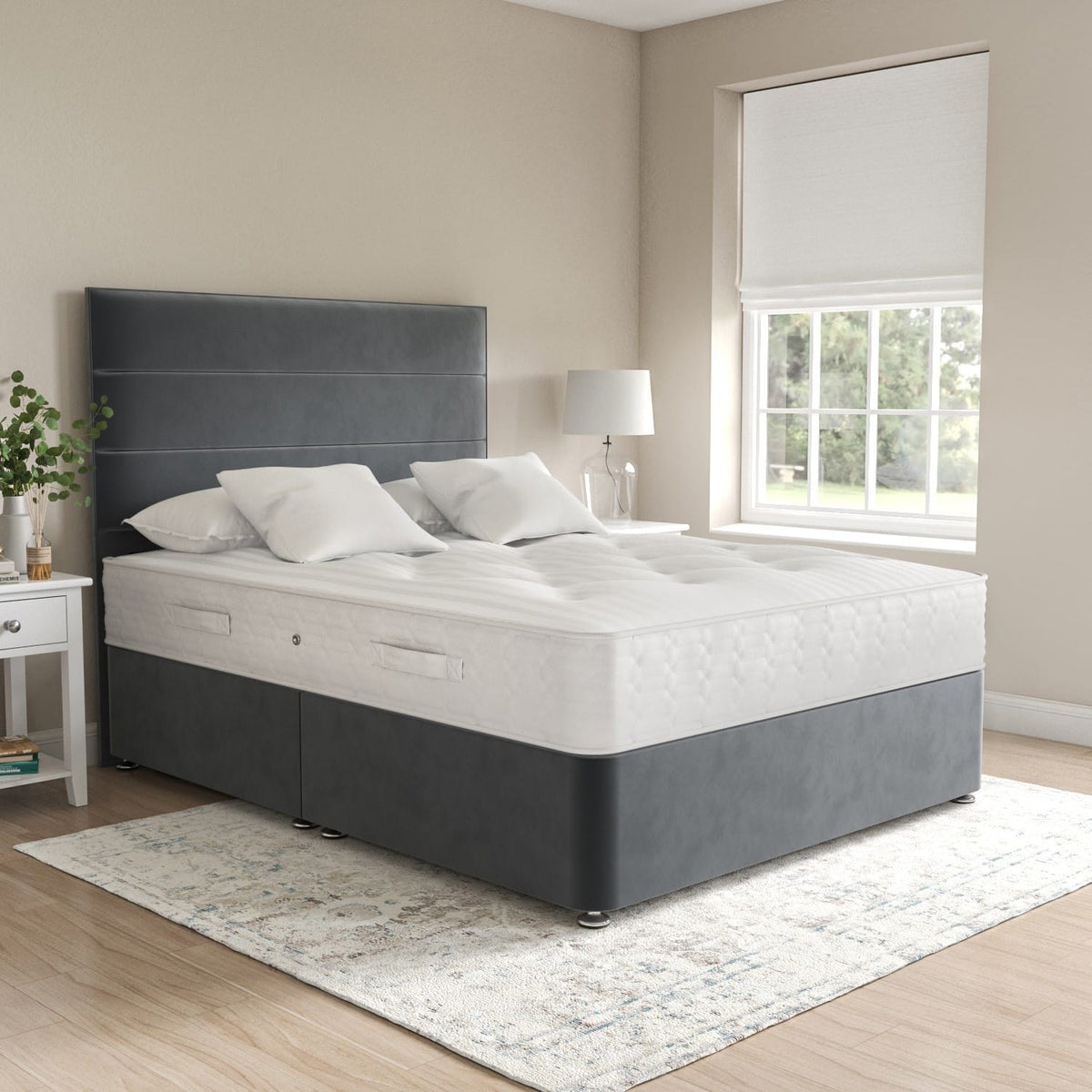 Charcoal Divan Bed with panelled headboard and mattress