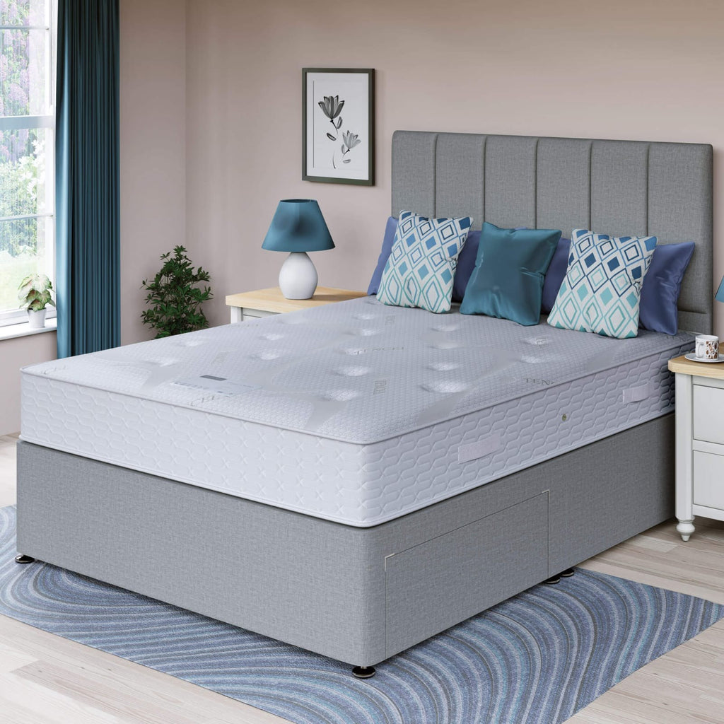 Grey Divan Bed with vertical-panel headboard and pocket sprung mattress