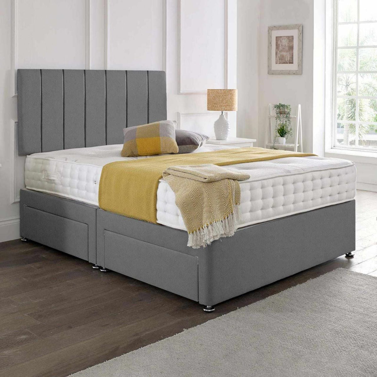 Grey Divan Bed with four storage drawers and tall headboard