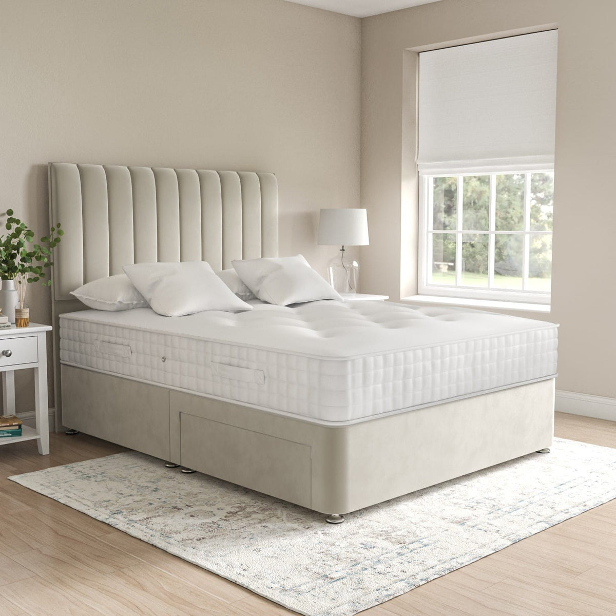 Cream velvet Divan Bed with scalloped headboard