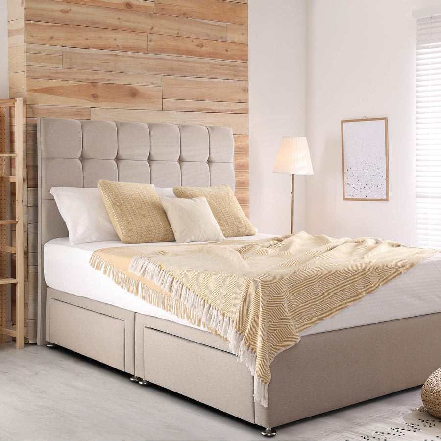 Beige Divan Bed with cube headboard and storage drawers