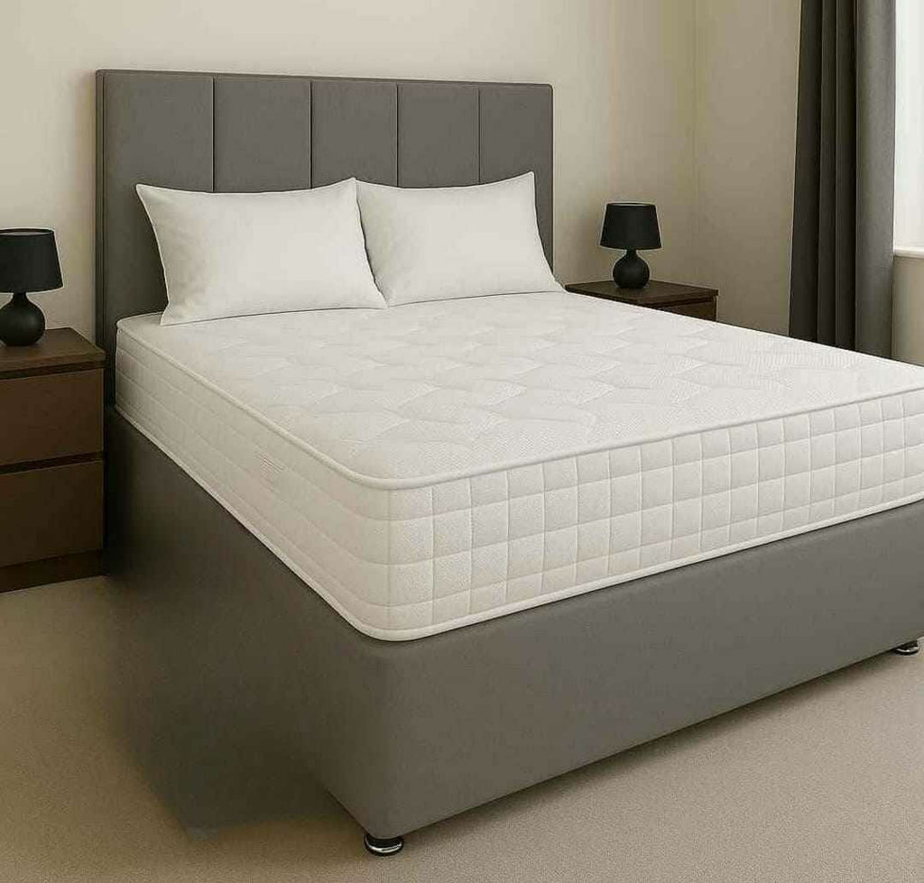 Grey Divan Bed with panelled headboard