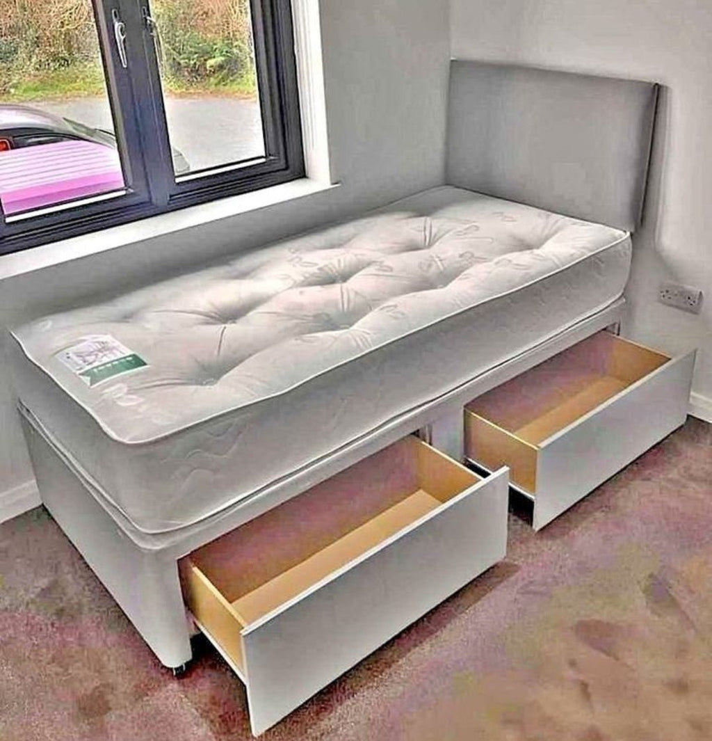 Grey Divan Bed with open storage drawers