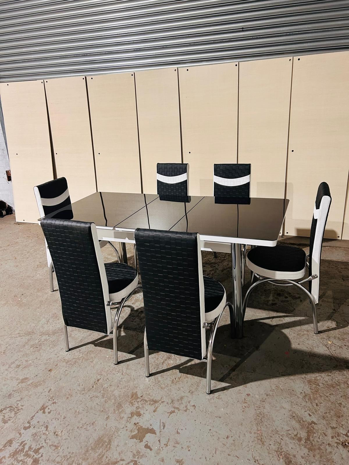 Extendable Glass Dining Table with 6 Chairs in black & white from Kensley Home