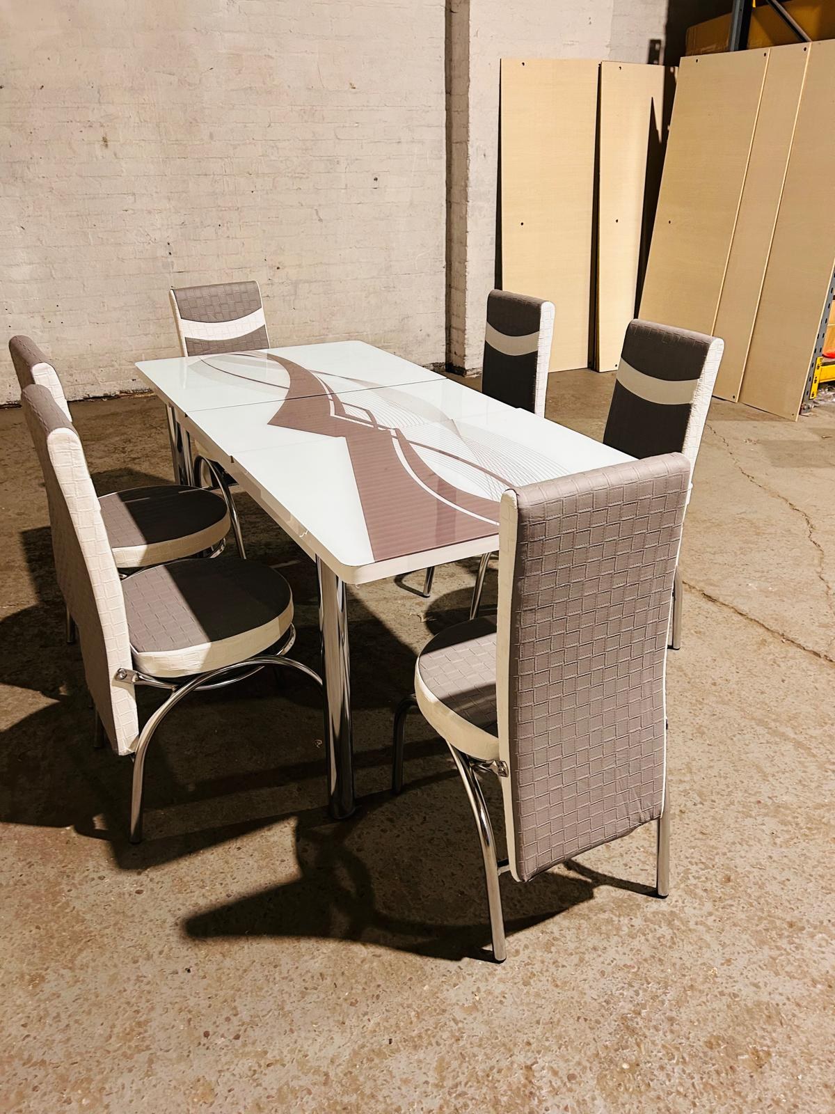 Extendable Glass Dining Table with 6 Chairs in grey wave from Kensley Home