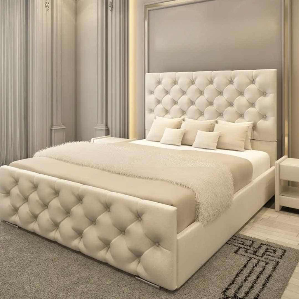 Cream chesterfield Florida Bed with tall diamond-buttoned headboard and footboard