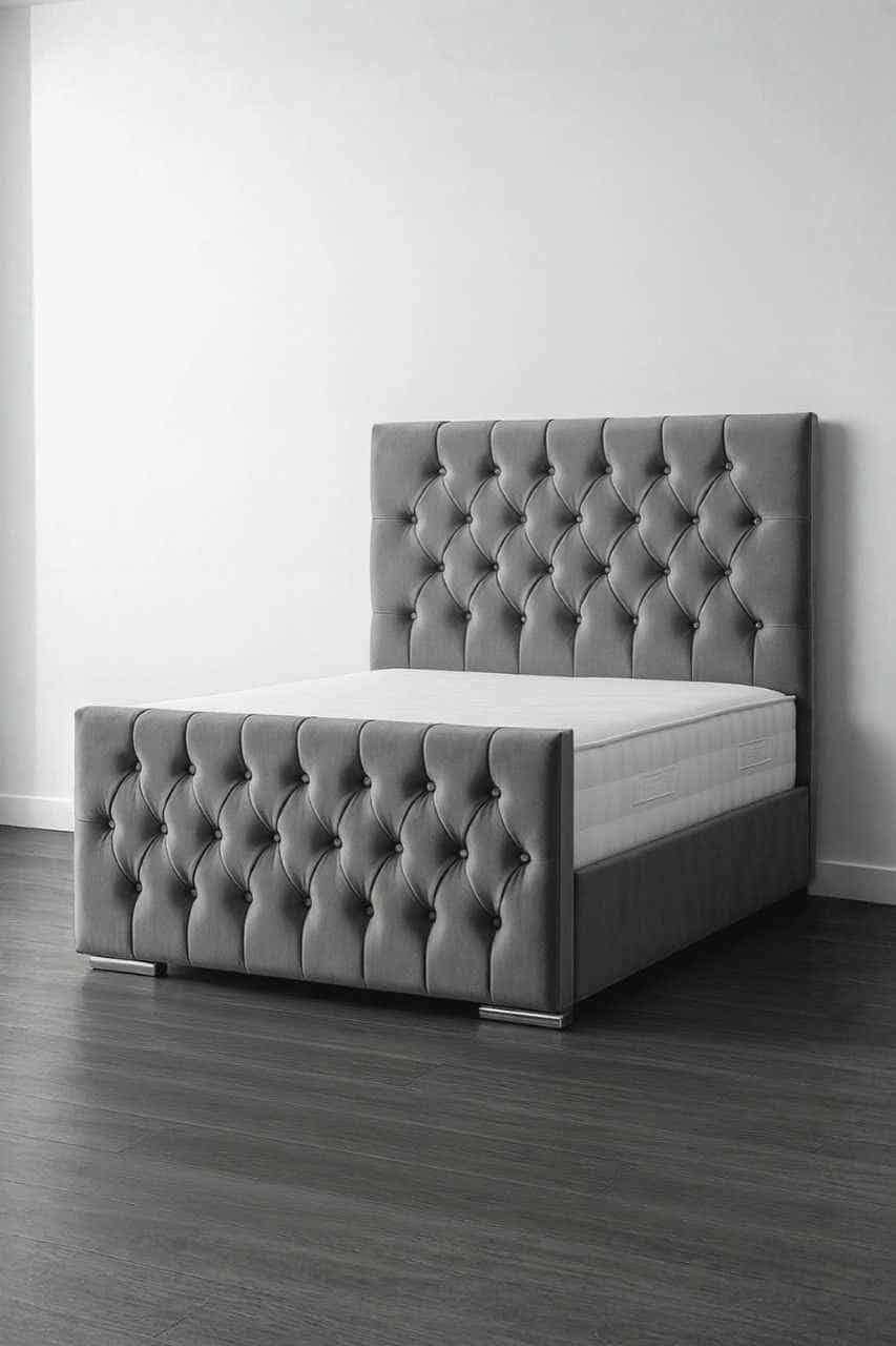 Grey velvet Florida Bed with buttoned high footboard