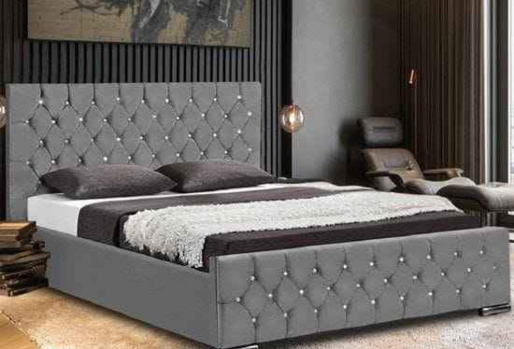 Grey Florida Bed with diamante buttoned headboard in a modern bedroom