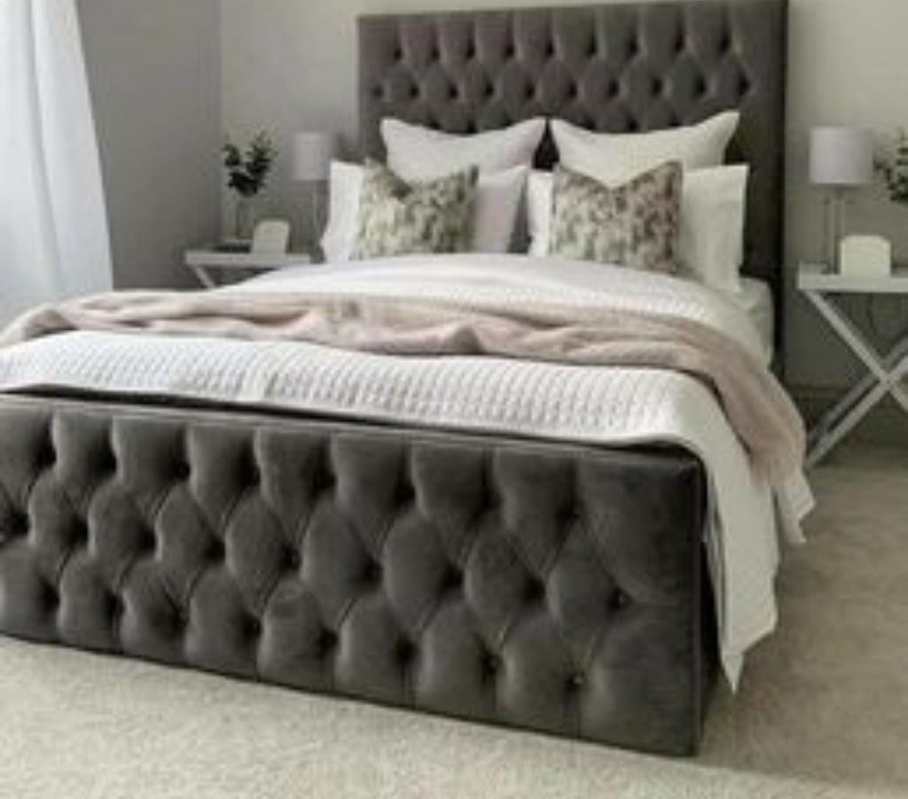 Charcoal velvet Florida Bed with chesterfield footboard