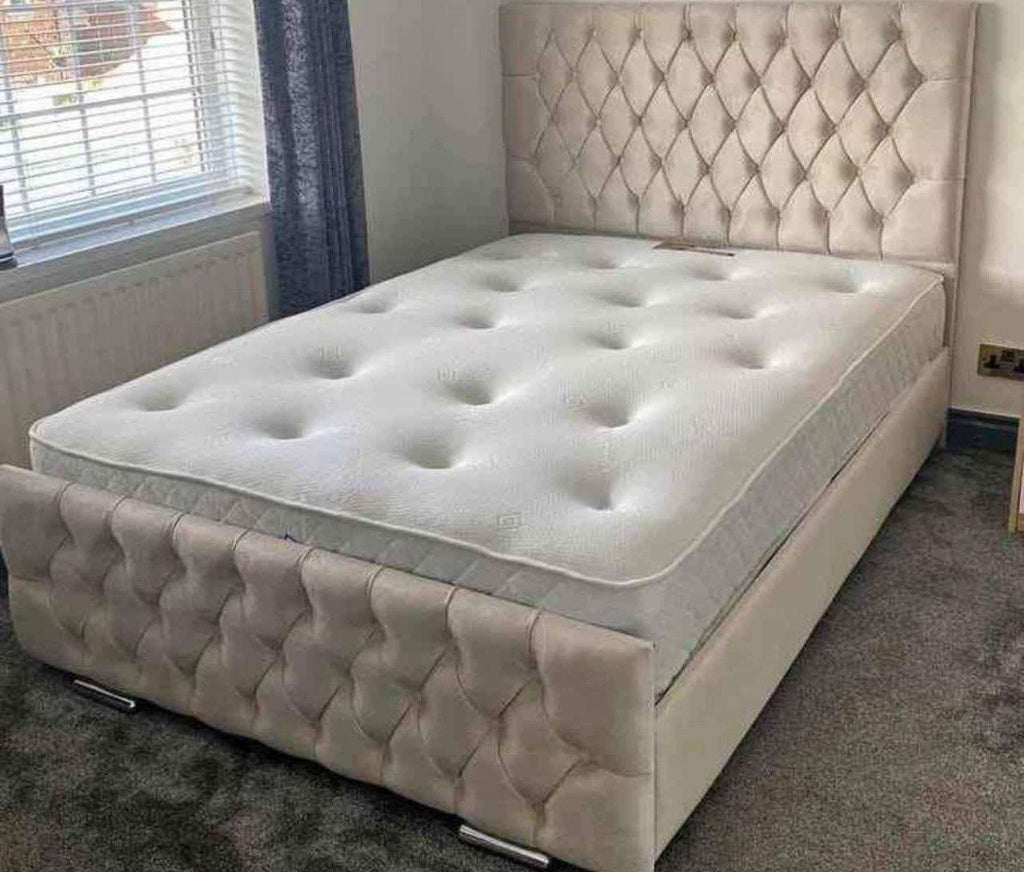 Cream velvet Florida Bed frame with tufted mattress