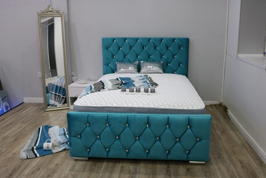 Teal velvet Florida Bed with diamante buttons