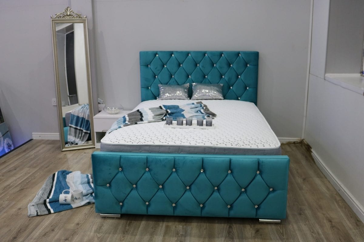 Teal velvet Florida Bed with diamante buttons