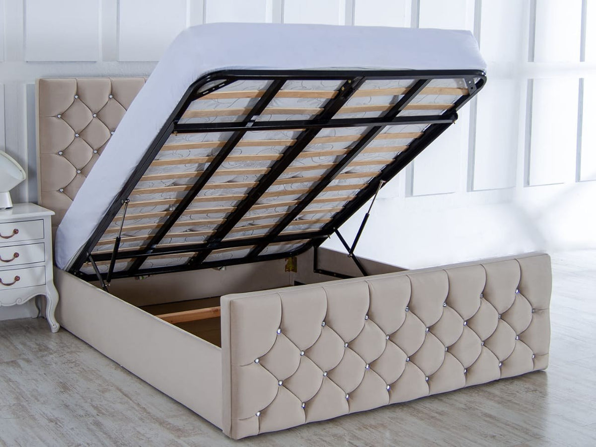 Florida chesterfield bed with gas-lift ottoman storage open