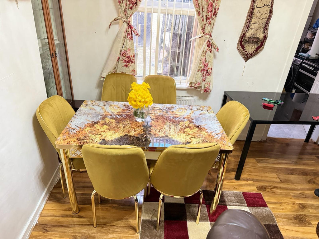 Gold Frame Extendable Dining Table with 6 Chairs in anka honey gold from Kensley Home