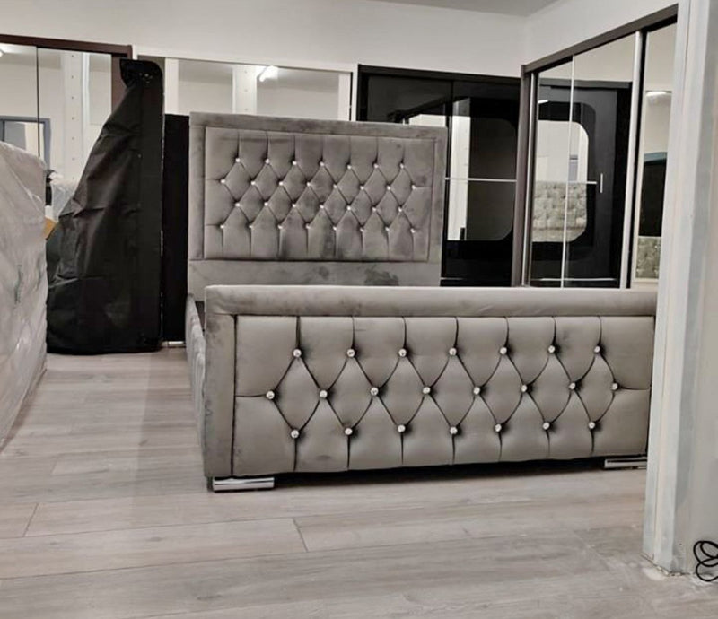 Grey velvet Hilton Bed with framed chesterfield headboard and diamante buttons