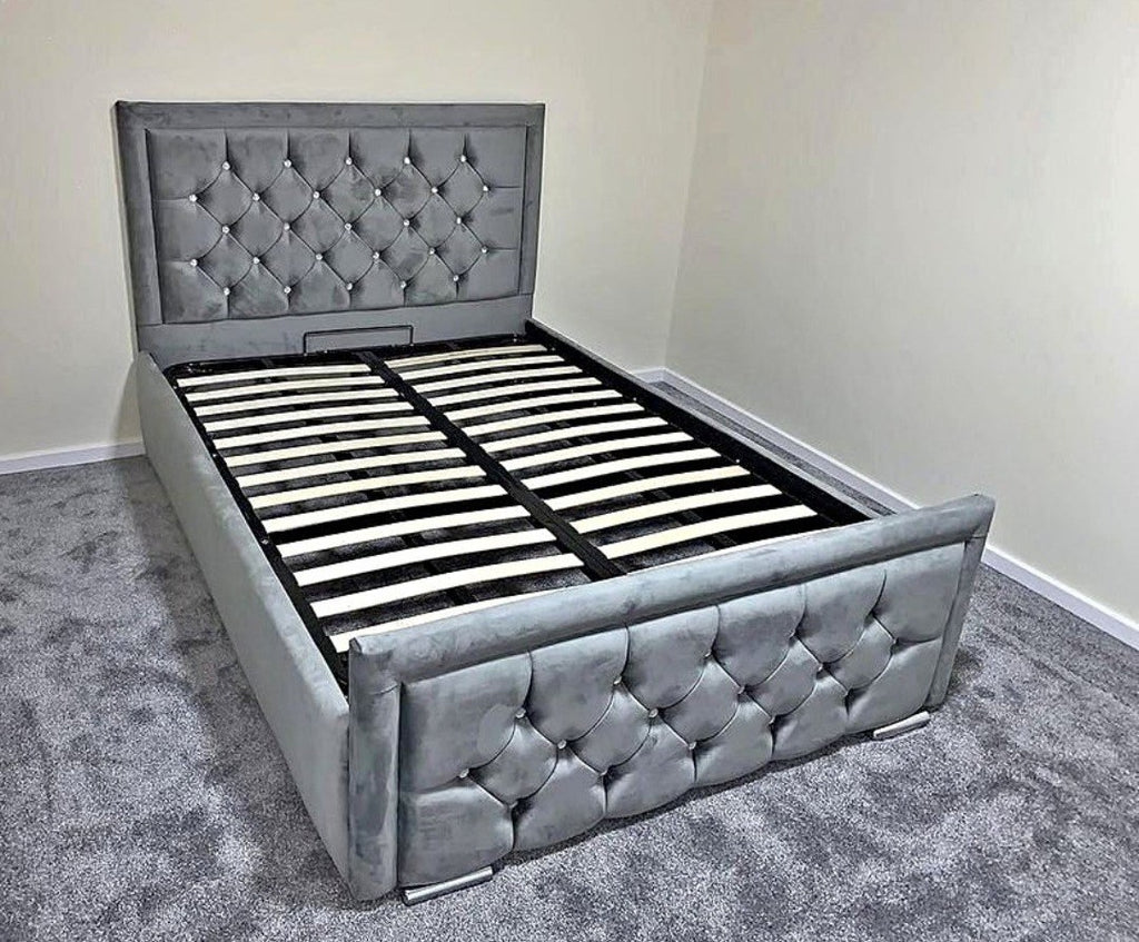 Grey Hilton Bed frame with sprung slats and buttoned footboard