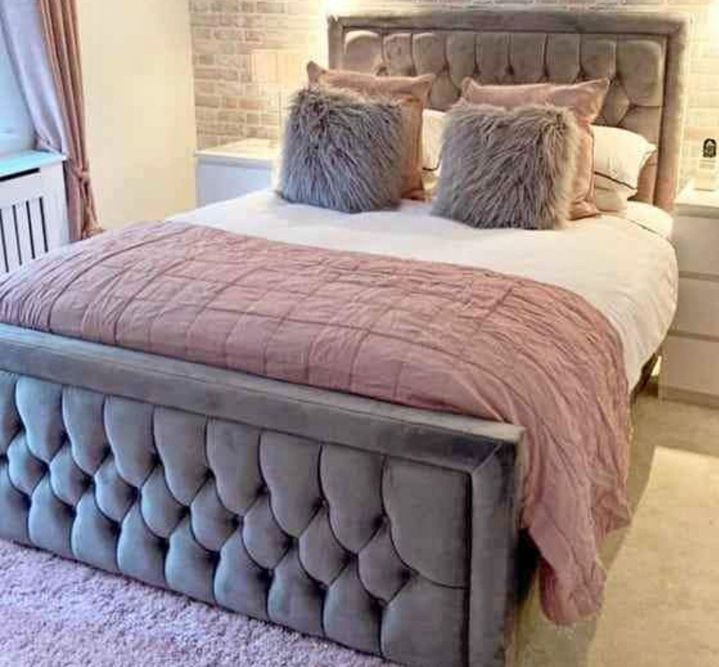 Grey velvet Hilton Bed styled with pink throw