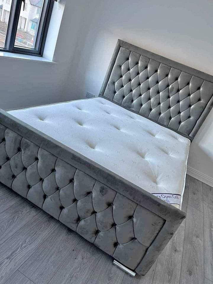 Grey Hilton Bed with framed buttoned headboard and mattress