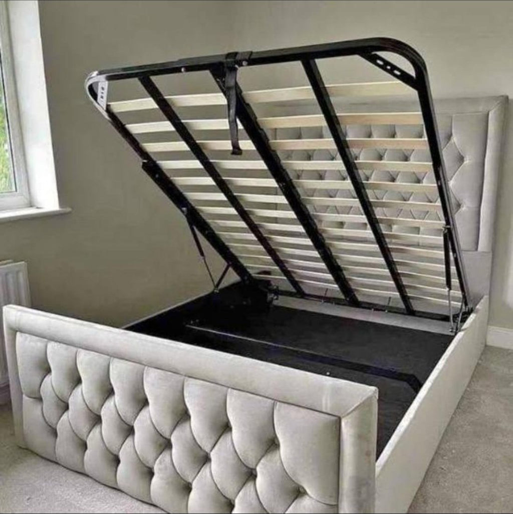 Hilton Bed with gas-lift ottoman storage open