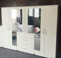 White 4-door hinged wardrobe with two full-length mirror doors and three drawers