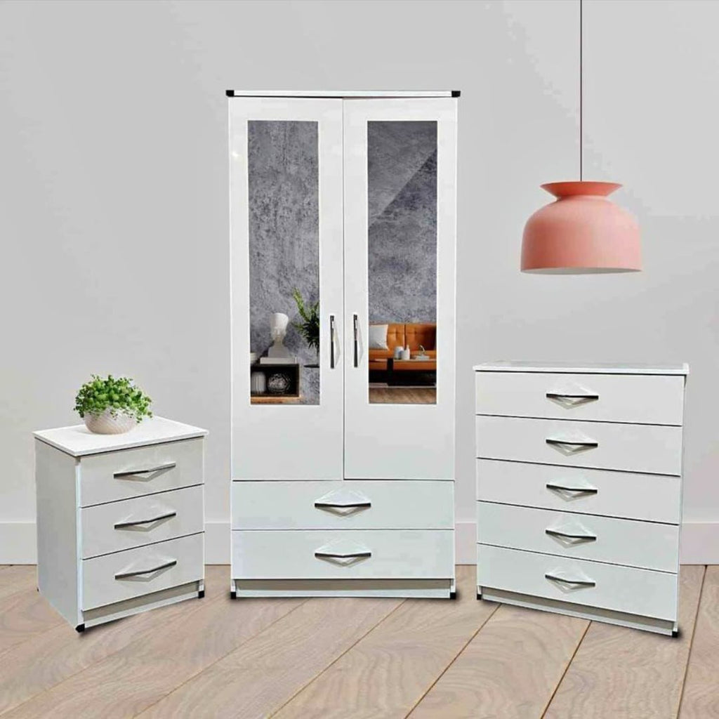 White 2-door mirrored wardrobe with matching bedside cabinet and chest of drawers