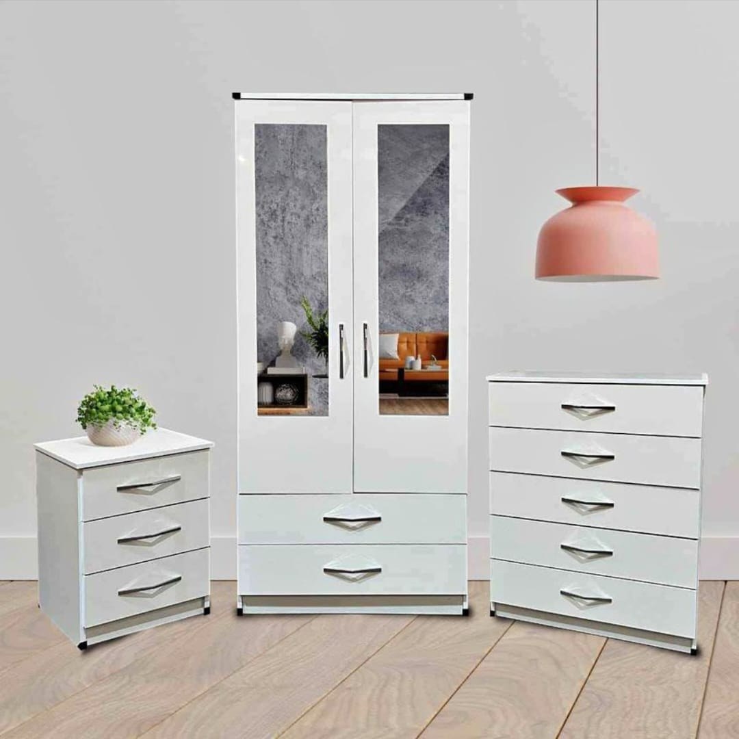 White 2-door mirrored wardrobe with matching bedside cabinet and chest of drawers