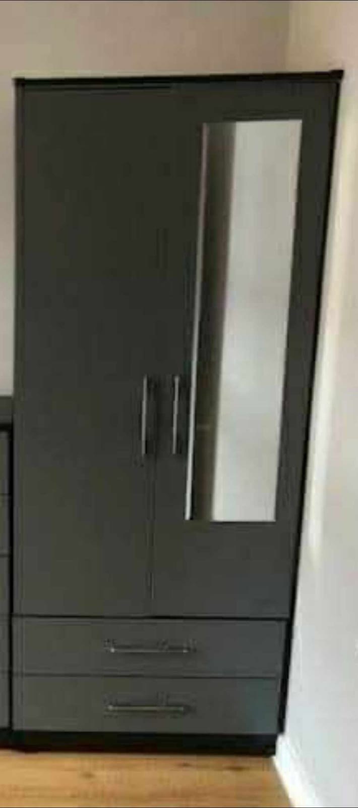 Black 2-door wardrobe with mirror and two drawers