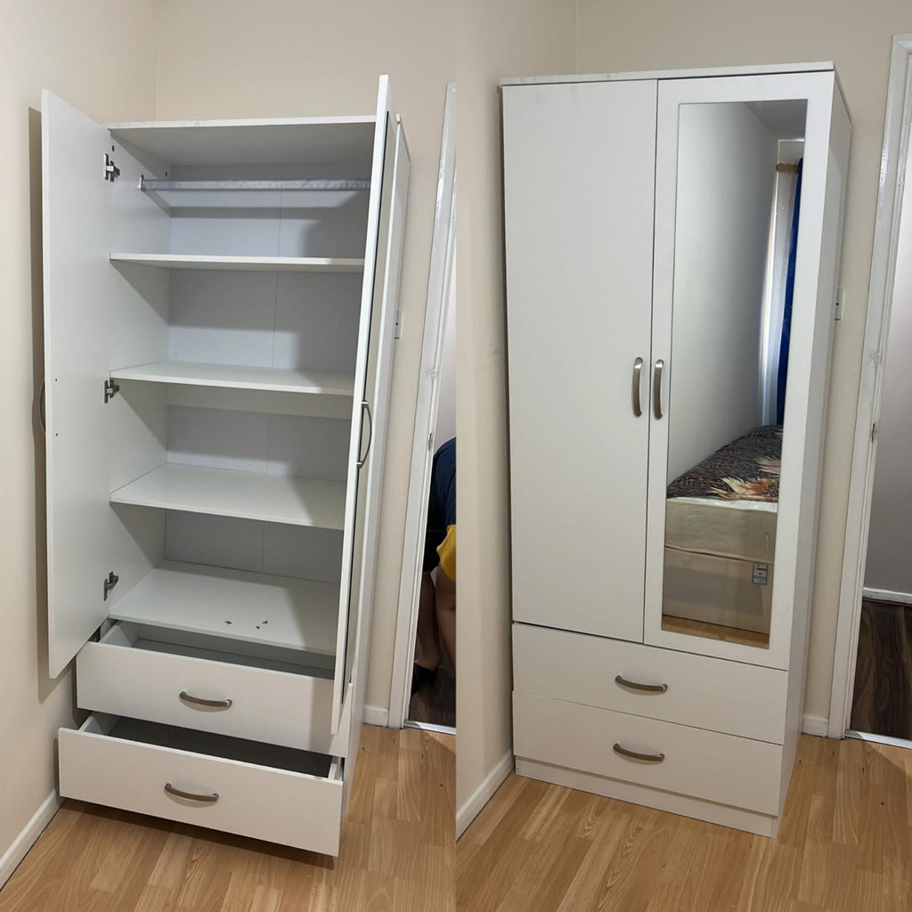 Inside a white 2-door wardrobe showing shelves, hanging rail and drawers