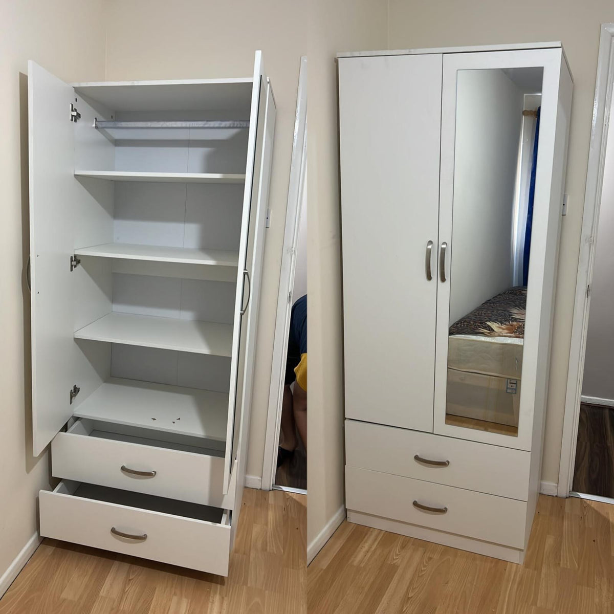 Inside a white 2-door wardrobe showing shelves, hanging rail and drawers