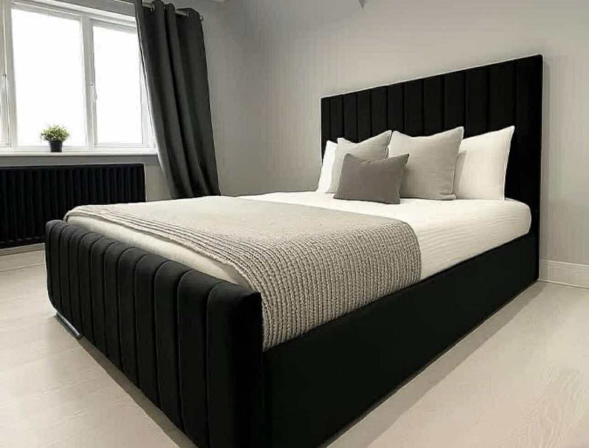 Black velvet Panel Line Bed with tall vertical-line headboard in a modern bedroom
