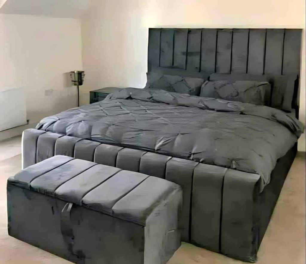 Charcoal velvet Panel Line Bed with matching ottoman blanket box
