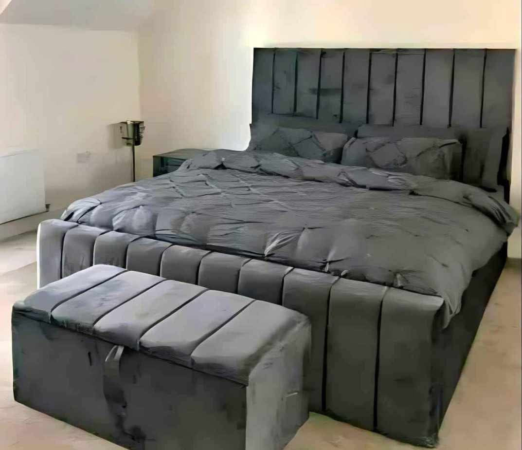 Charcoal velvet Panel Line Bed with matching ottoman blanket box