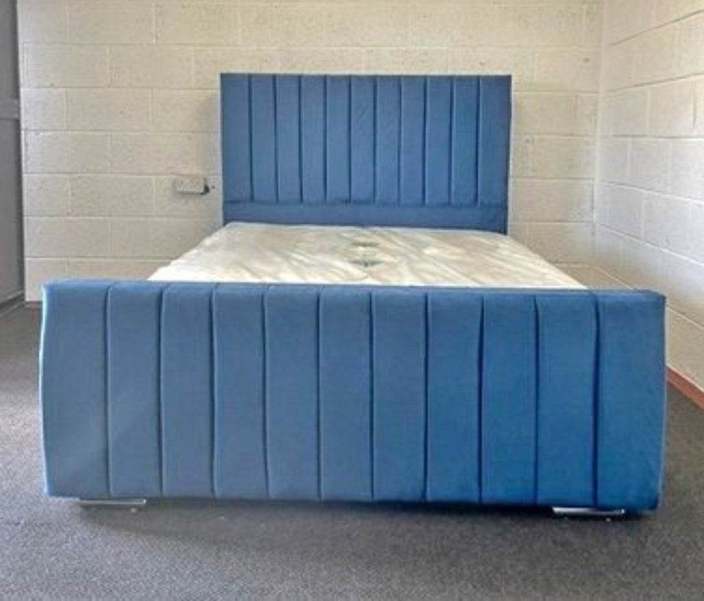 Blue velvet Panel Line Bed with high footboard and mattress
