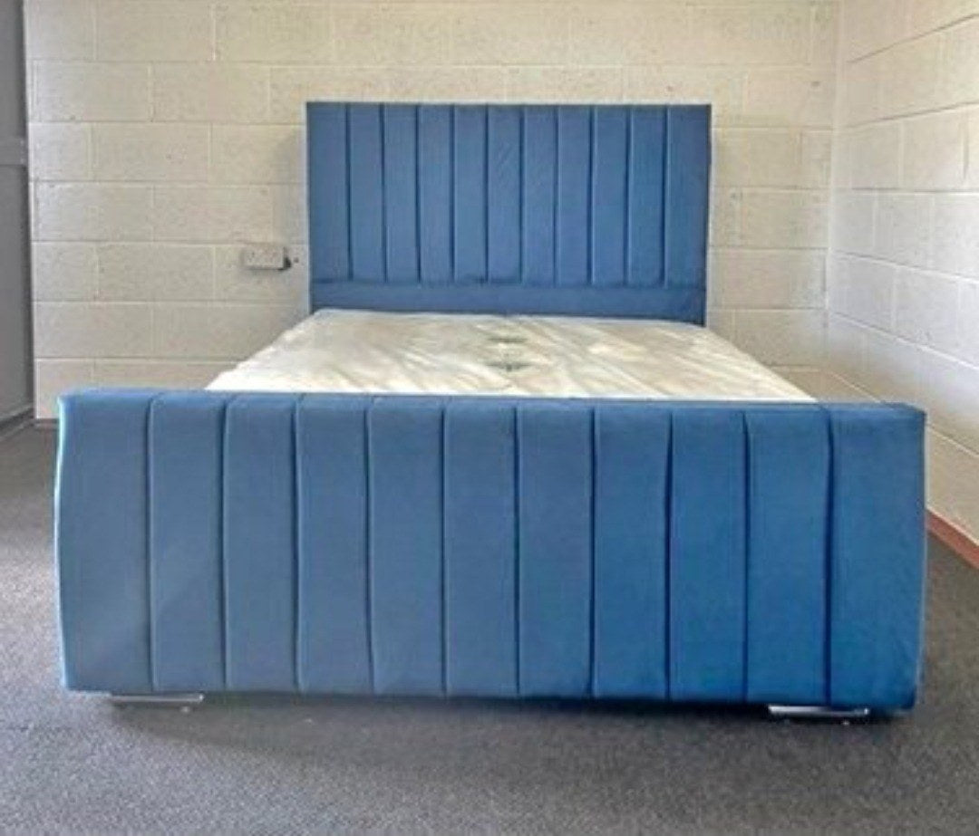 Blue velvet Panel Line Bed with high footboard and mattress