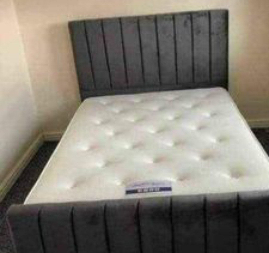Dark grey velvet Panel Line Bed frame with tufted mattress