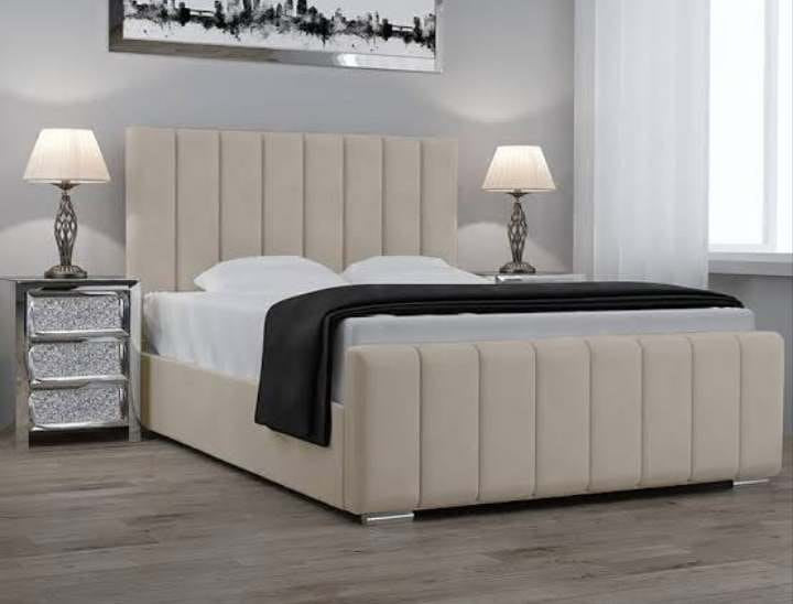 Cream velvet Panel Line Bed with bedside lamps