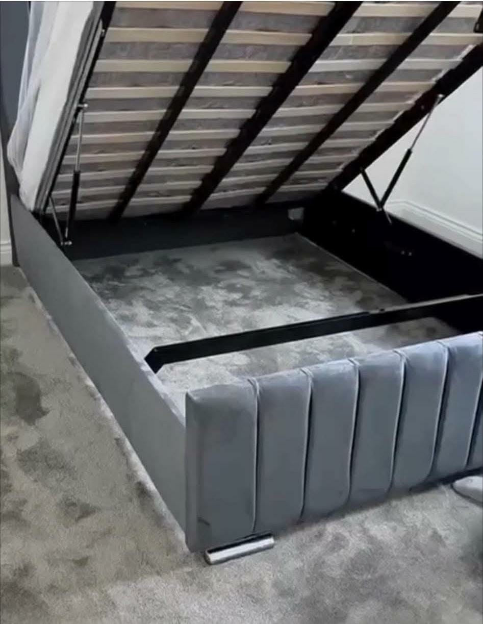 Panel Line Bed with gas-lift ottoman storage open