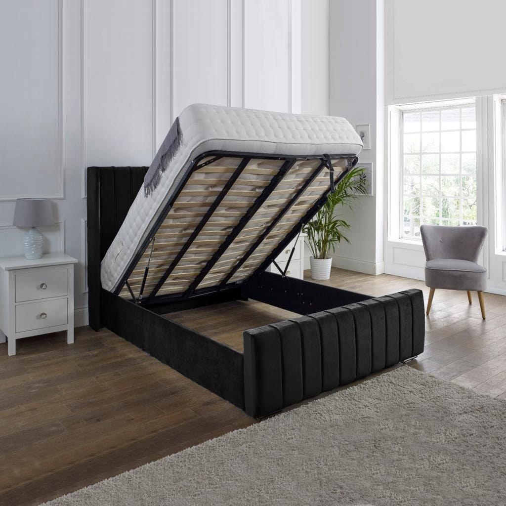 Black Panel Line Bed with gas-lift ottoman storage lifted