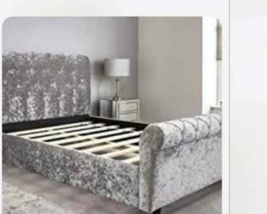 Silver crushed velvet Sleigh Bed frame with sprung slats