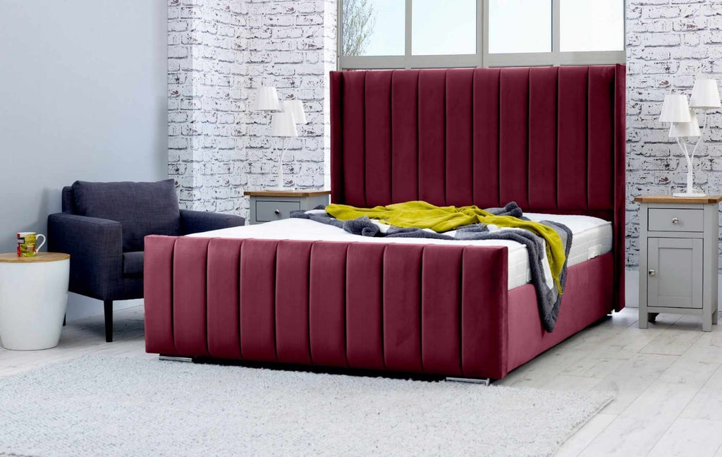 Wine red velvet Wingline Panel Bed with winged vertical-panel headboard