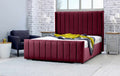 Wine red velvet Wingline Panel Bed with winged vertical-panel headboard